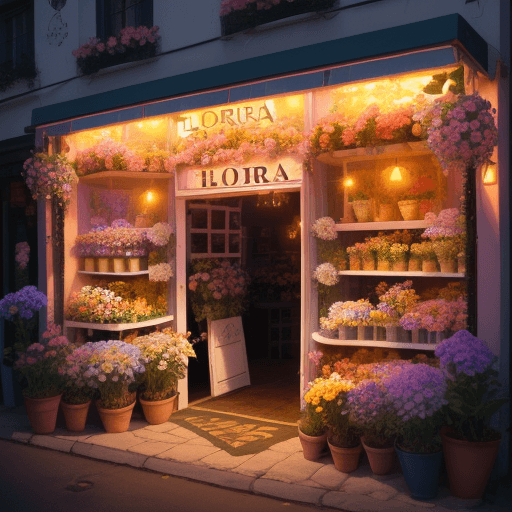 AI generated: A tiny flower shop with an illuminated sign with beautiful colors and flowers named Floreria Myra Ro...