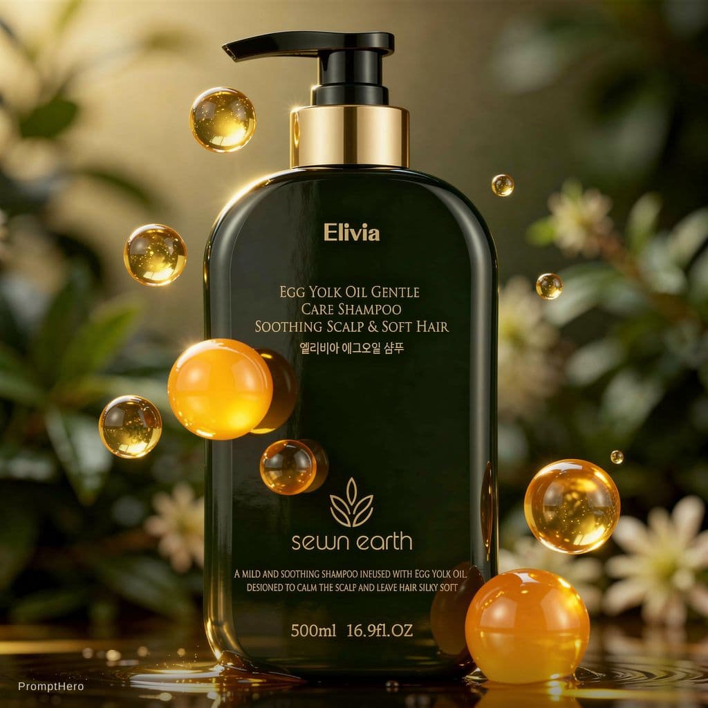 AI generated: luxury cosmetic product shot, egg yolk oil shampoo bottle, dark green premium cosmetic bottle with g...