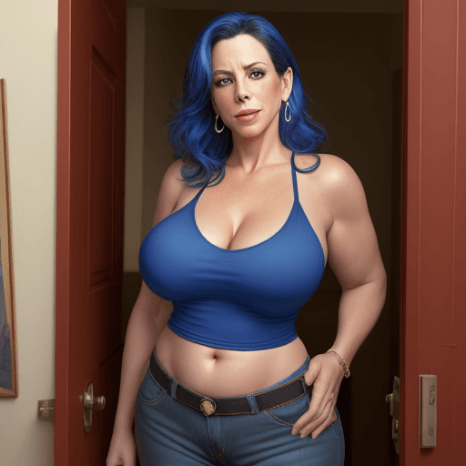 AI generated: (jane kaczmarek) ((mature big body) ), (blue big bra and shrt ) , in Road ((with arms crossed on sed...