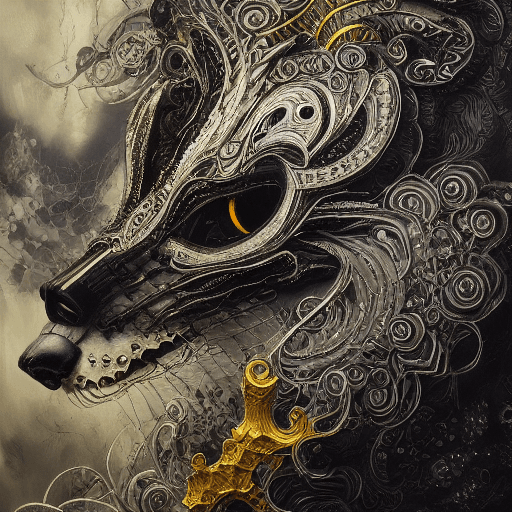 AI generated: create a image, 3d, mask, robotic, black, gold, wolf, intricate, elegant, photorealistic masterpiece...