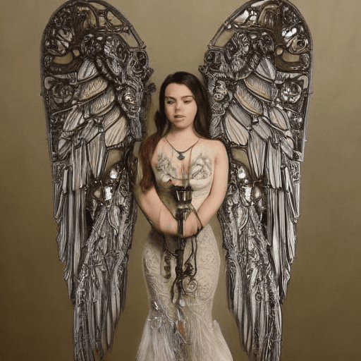AI generated: A beautiful steampunk angel with halo, her angel wings are a pair of intricate mechanical wings made...