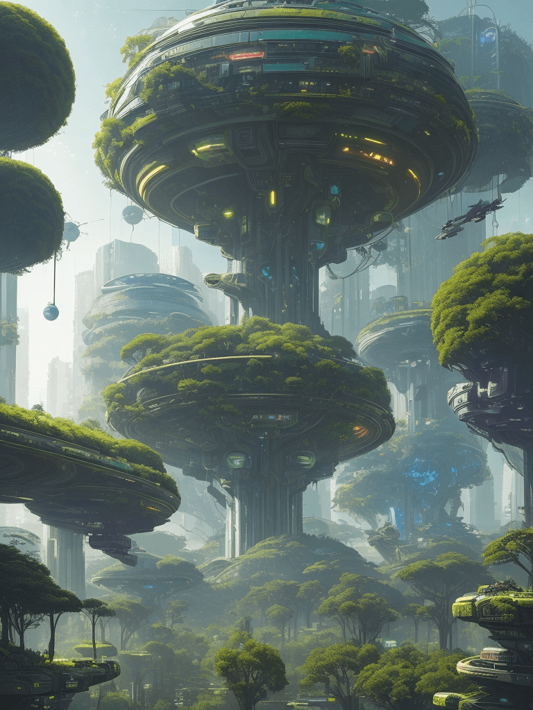 AI generated: a view of a city with a lot of trees and bushes, garden, a lot of flying orbs , future city, in fant...