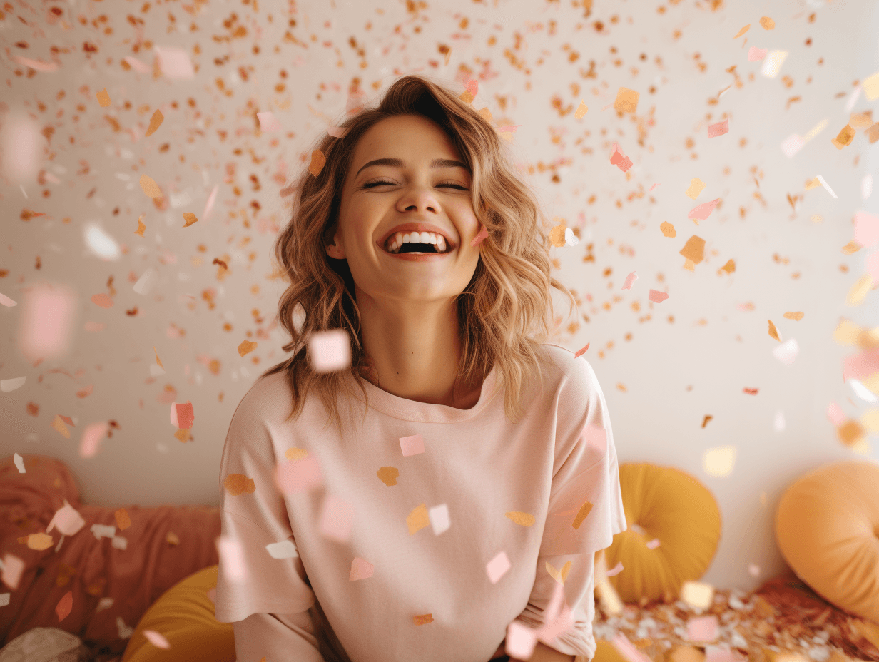 AI generated: photography of beautiful birthday girl with smile, confetti floating around, 8k, photo realism, --ar...