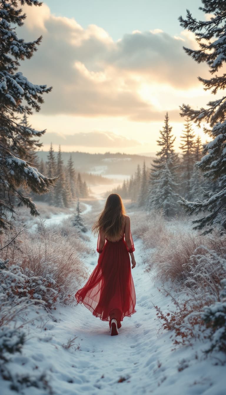 AI generated: Peaceful Nordic winter. A winter path in a lush, deep forest. Soft light transforms the landscape in...