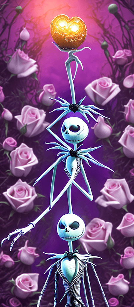 AI generated: The Nightmare Before Valentines Day, Jack Skellington and Sally showing affection, glowing hearts, a...