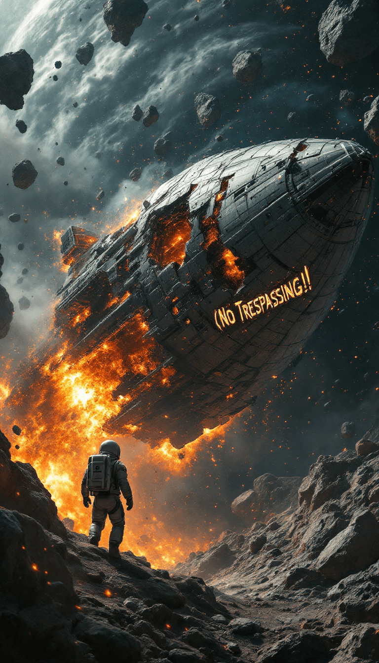 AI generated: In a chaotic asteroid field, a large, burning starship is seen spinning slowly, its hull torn and fr...