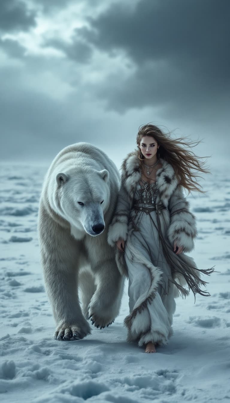 AI generated: A vast, snowy landscape with a polar bear walking alongside a woman. The woman is adorned in a fur-c...