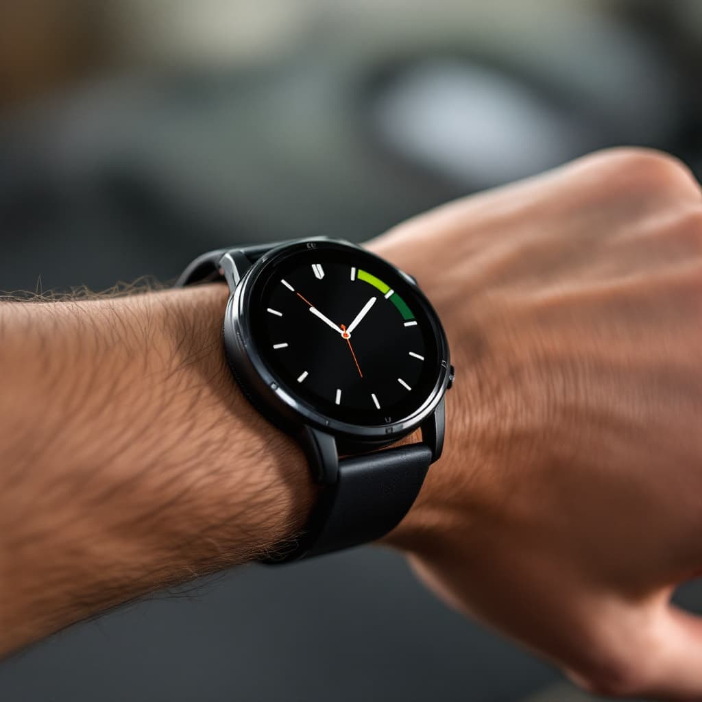 AI generated: Reloj Smart Watch realista en el pulso haciendo actividad deportiva 