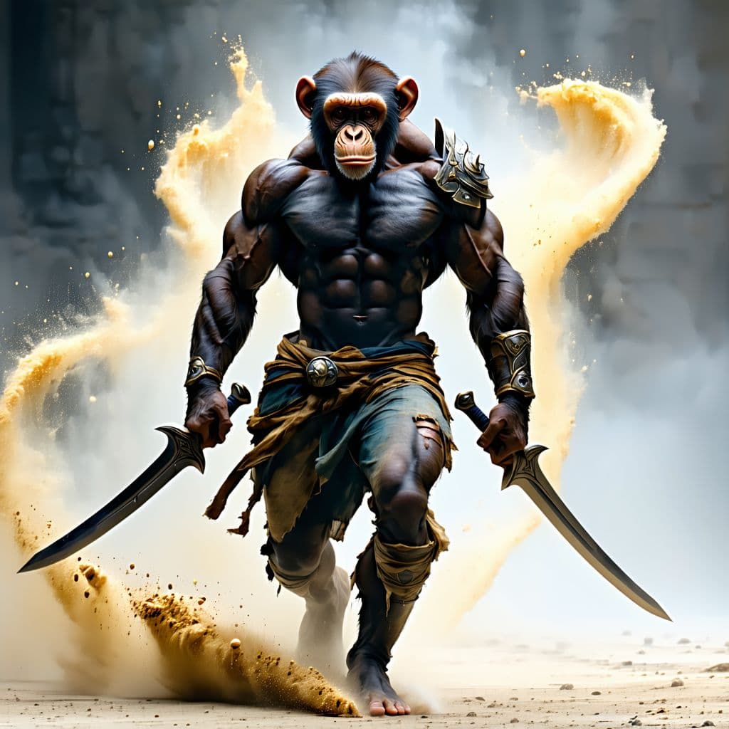 AI generated: High resolution A muscular, anthropomorphic warrior with a monkey head and body, wearing tattered pa...