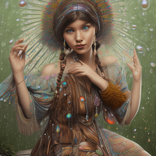 AI generated: a hyper lady with a hyper 
 beautiful face with a long multicolored
 Bohemian dress, 
 sitting on a ...