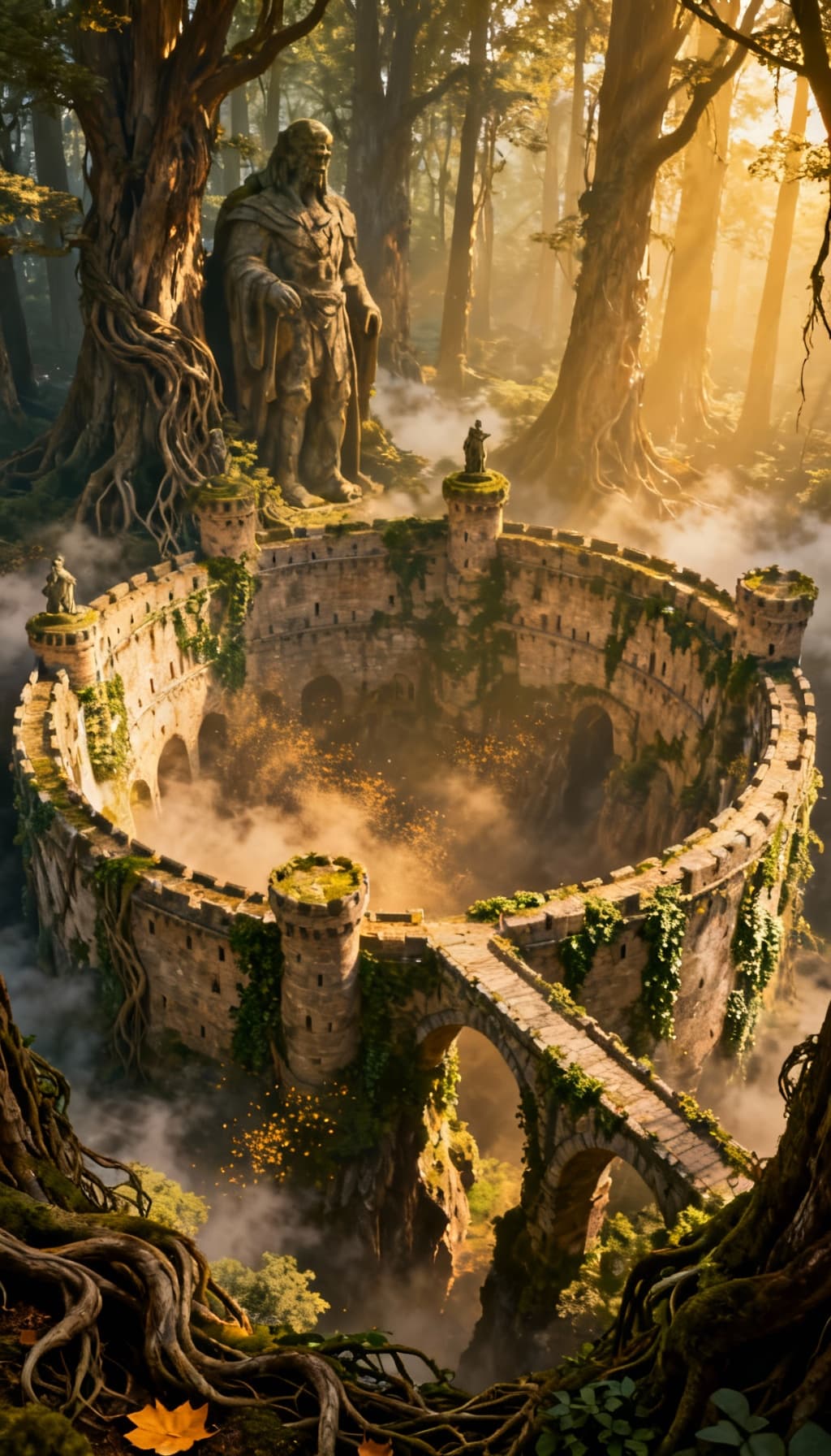 AI generated: "An enormous medieval fortress built in a circular formation deep in an ancient forest. The castle w...
