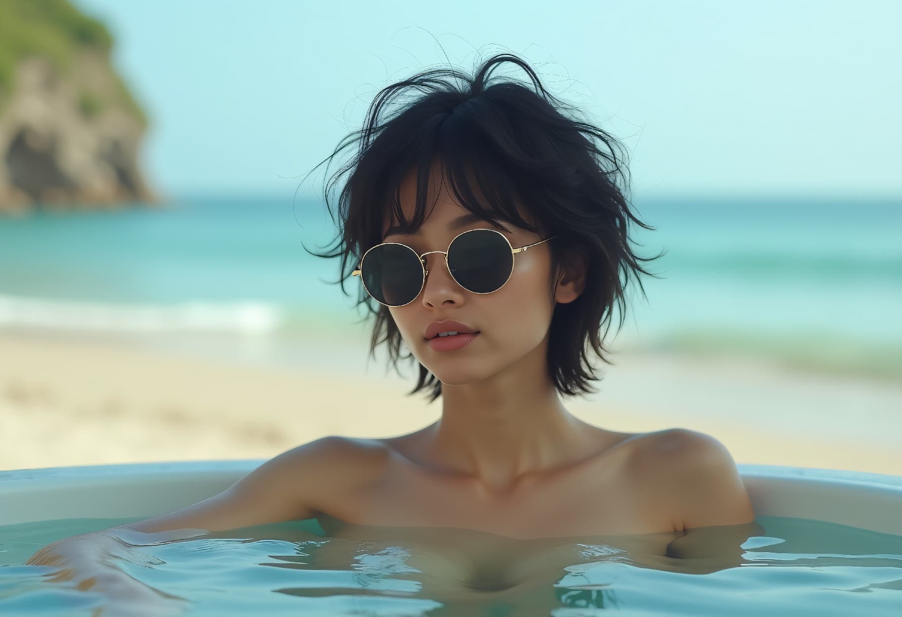 AI generated: A realistic full-body portrait of a female model with short messy black hair in a Jacuzzi on a beach...