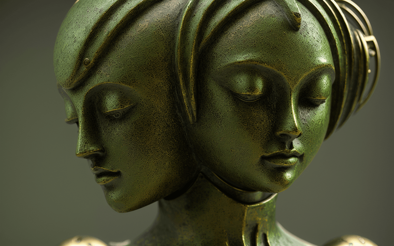 AI generated: one,barocco,interior statue alien,decorative bronze,( green patina:1.4), interior design,(Intricate ...