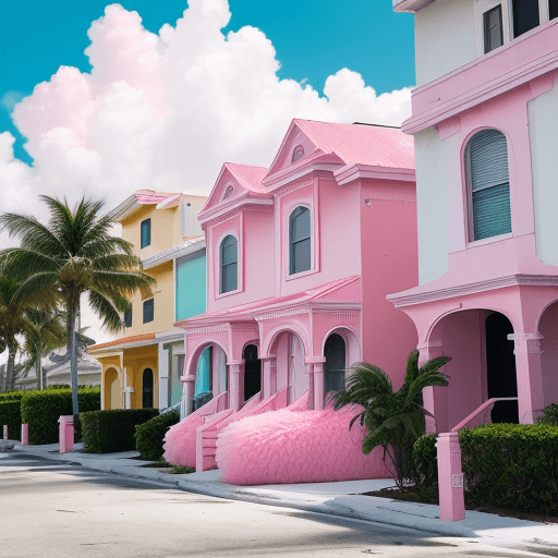 AI generated: Miami, city street, house covered in pink fur, Photo 