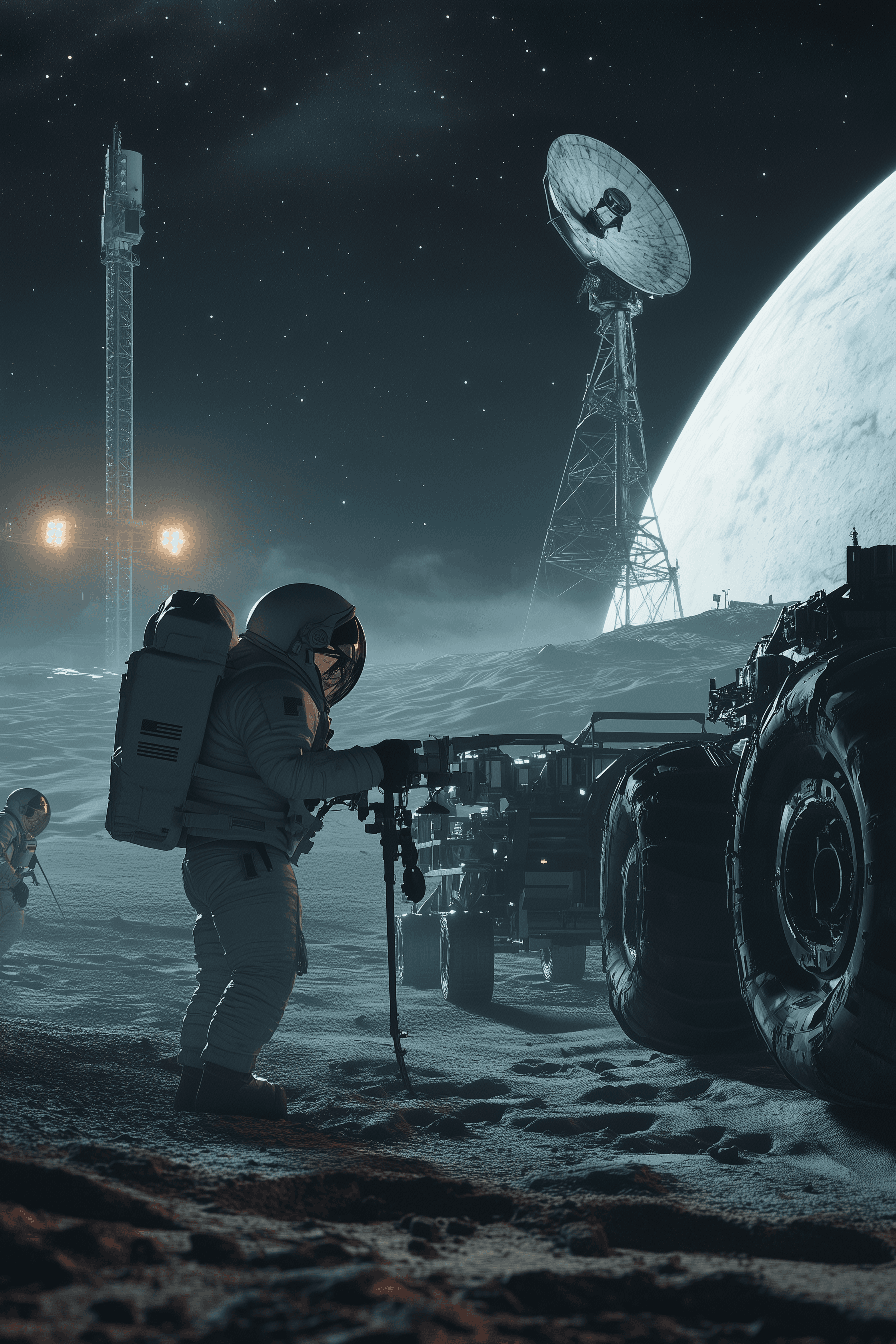 AI generated: Realistic shot of astronauts on the surface of a planet, with a lunar rover and space station in the...