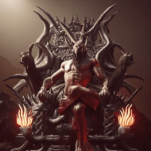 AI generated: a male demon sitting on a throne with kneeling men and goats, oil-painting, intricate painting, tren...