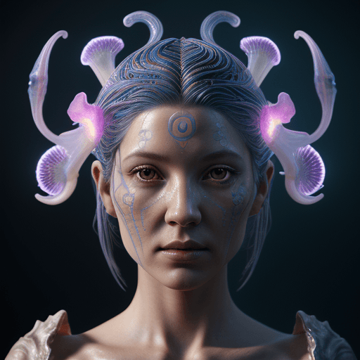 AI generated: Goddess close-up portrait ribcagel. jellyfish phoenix head, nautilus, orchid, skull, betta fish, bio...
