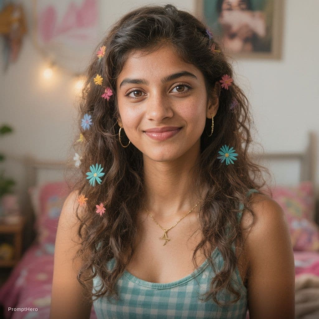 AI generated: The Indian Avengers jins top

girl in a teenagers room showing off an outfit 