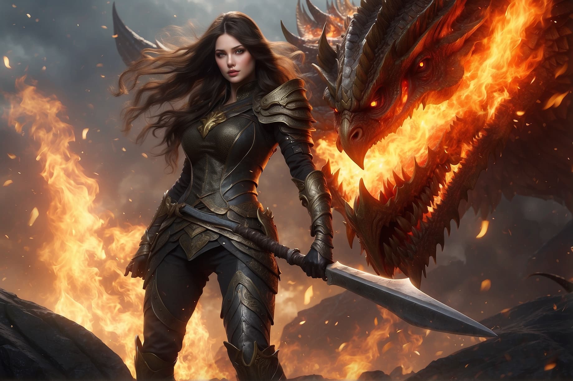 AI generated: Realistic women with black scary armor, Holding fire Sword, human face, long hair, perfectly detaile...