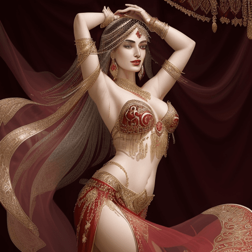 AI generated: a high-resolution portrait of a beautiful 25 year old belly dancer wearing exquisite flowing red sil...