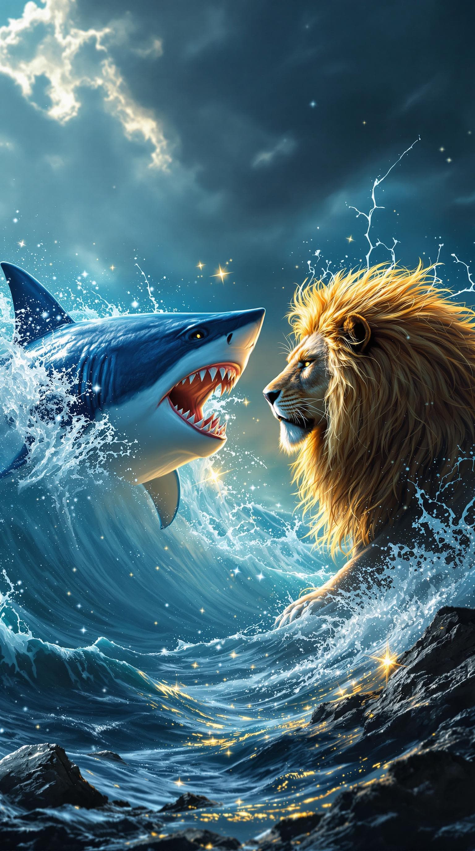 AI generated: A cinematic, hyper-detailed image depicting a fierce blue shark, its sleek, powerful body fully visi...