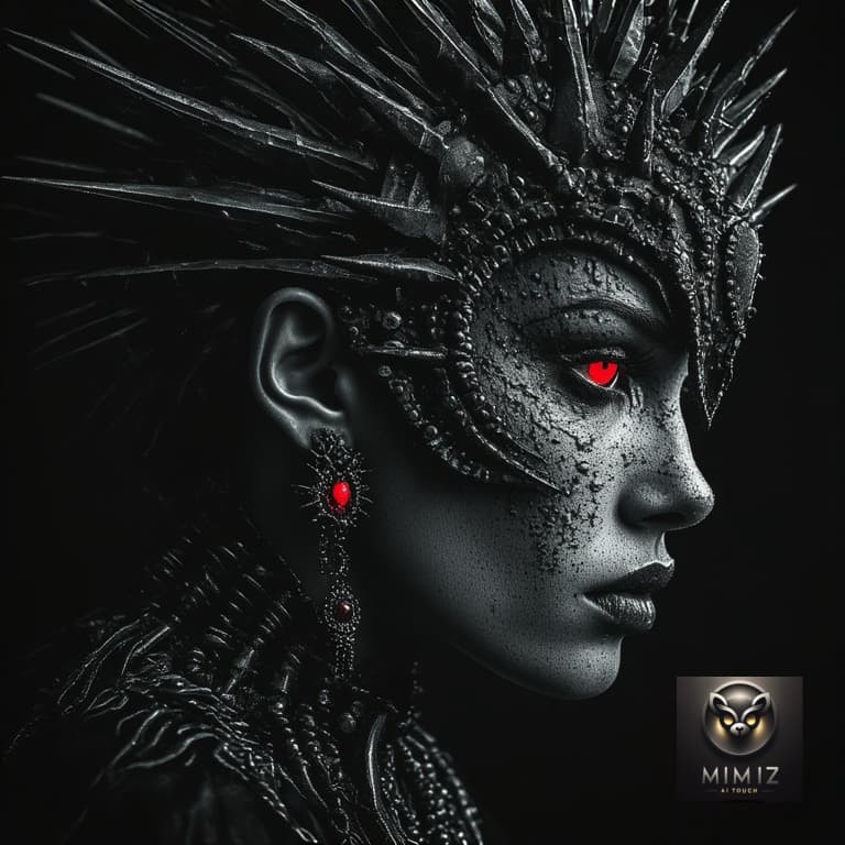 AI generated: Perchance 
Dark gothic fantasy portrait of a woman in profile wearing an intricate spiked ceremonial...