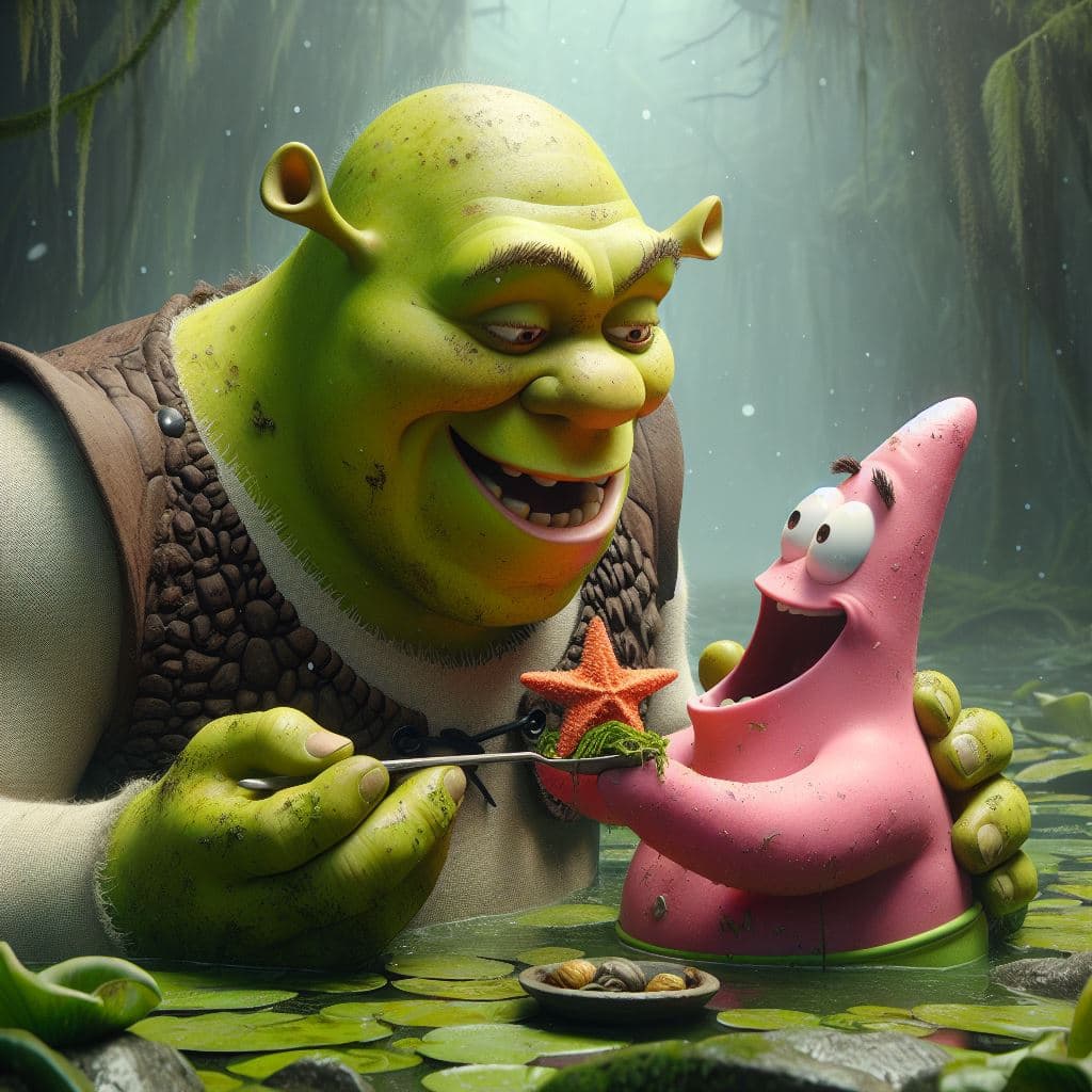 AI generated: Shrek Feeding Patrick Star in the Swamp, Realism, 4k