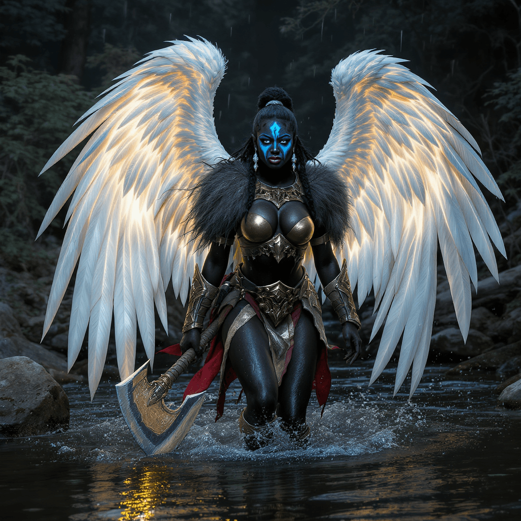 AI generated: Full body shot of a black  African female barbarian dressed warrior wearing blue face paint and gold...