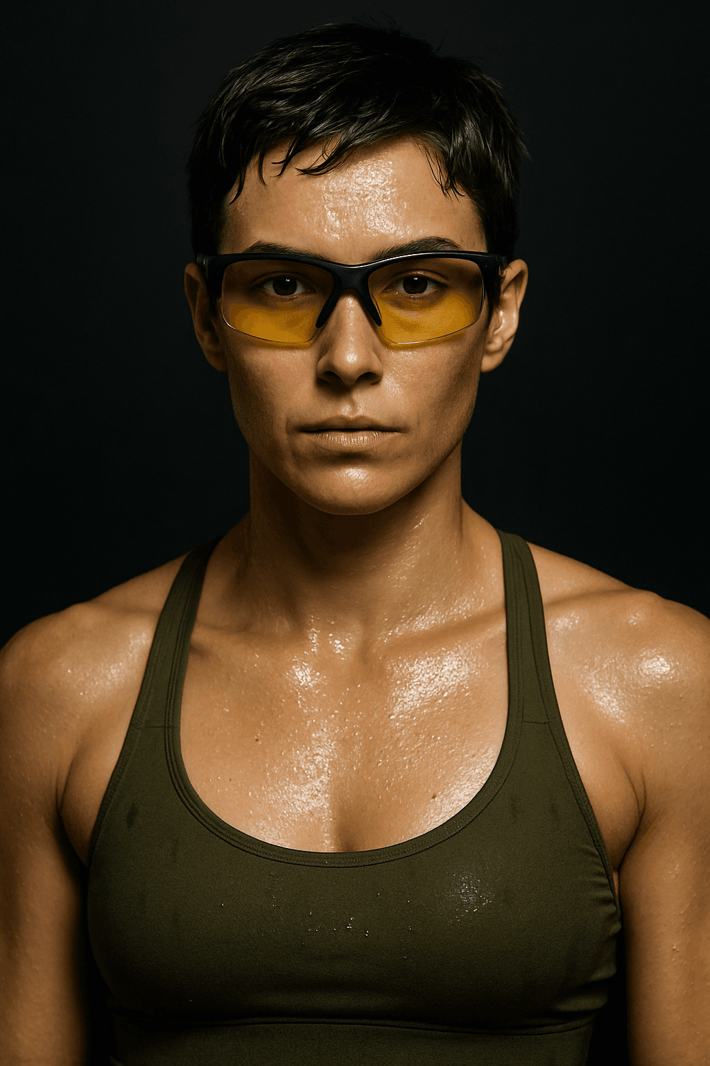 AI generated: A portrait of a woman, with short, dark hair and yellow-tinted sports glasses, glistening with sweat...