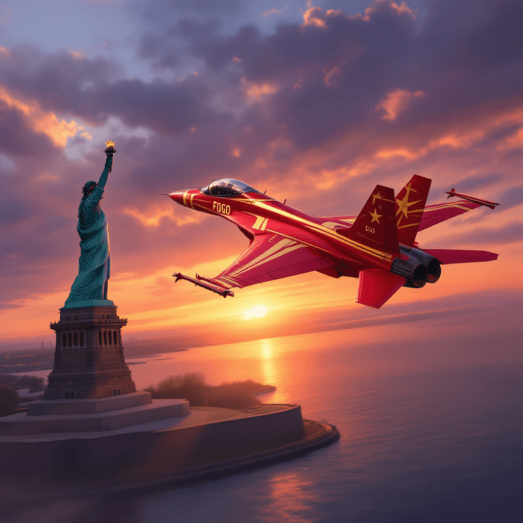 AI generated: A high-quality Procreate digital painting for iPad depicting a striking red F-16 with elegant gold s...