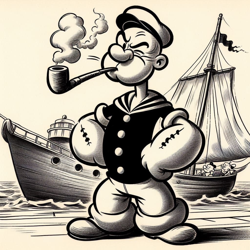 AI generated: grumpy Popeye the sailor squinting one eye shut, smoking a corn cob pipe, and his ship. Full body po...