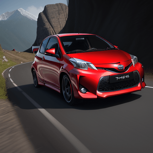 AI generated: Photo of a realistic a red Toyota Yaris GR sports car driving down a mountain road, computer graphic...