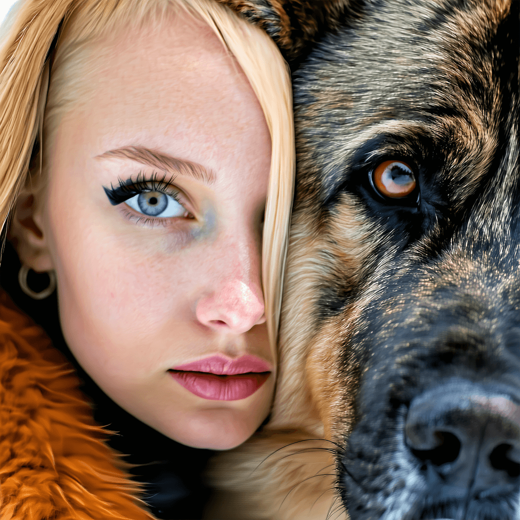 AI generated: macroview of scandanivian woman model posing with a wild rot weiler,ultradetailed fur of rotweileran...