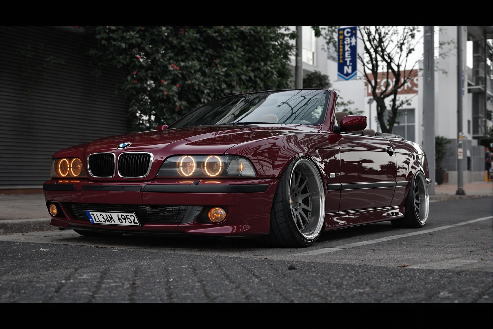 AI generated: dark red bmw e39 5-series convertible with BBS LM wheels, cinematic, hyper realism, high detail, 8k