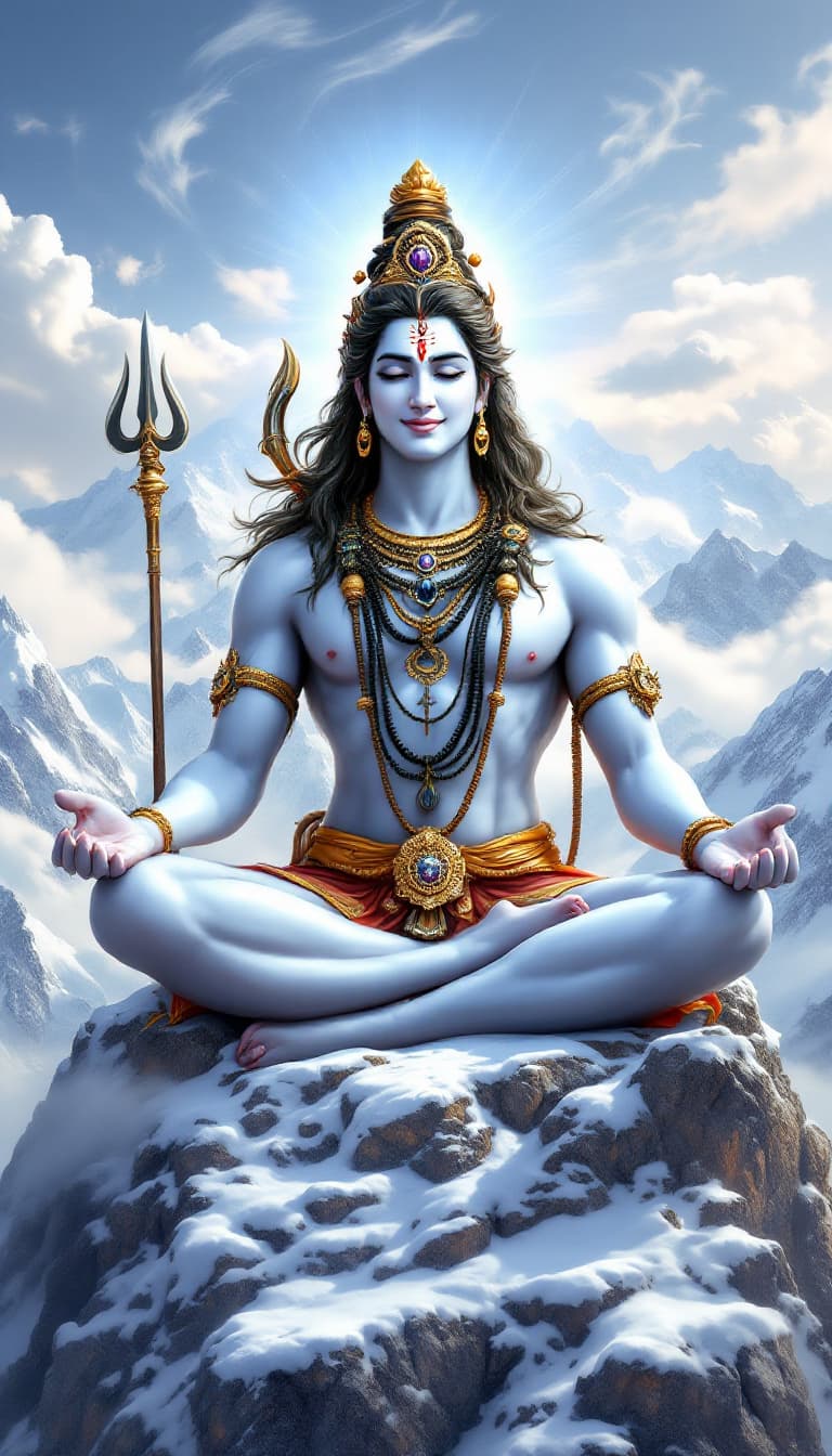 AI generated: Highly detailed lord siva in meditation posture, sitting on a mountain peak, with blissful face. A s...
