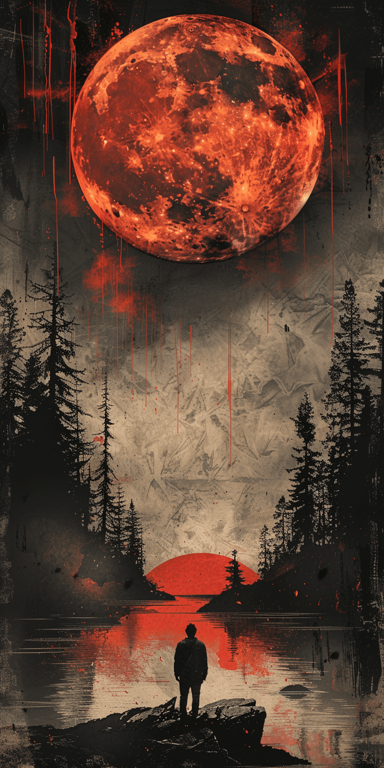 AI generated: A man looing up at an enormous red moon, trees in the background, in the vintage poster style, dark ...
