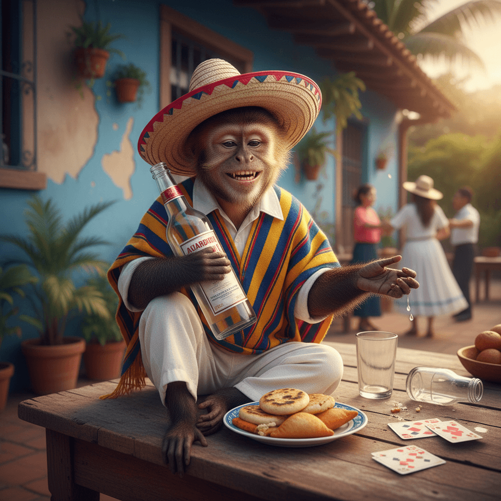 AI generated: a cheeky drunk monkey in colombian clothes