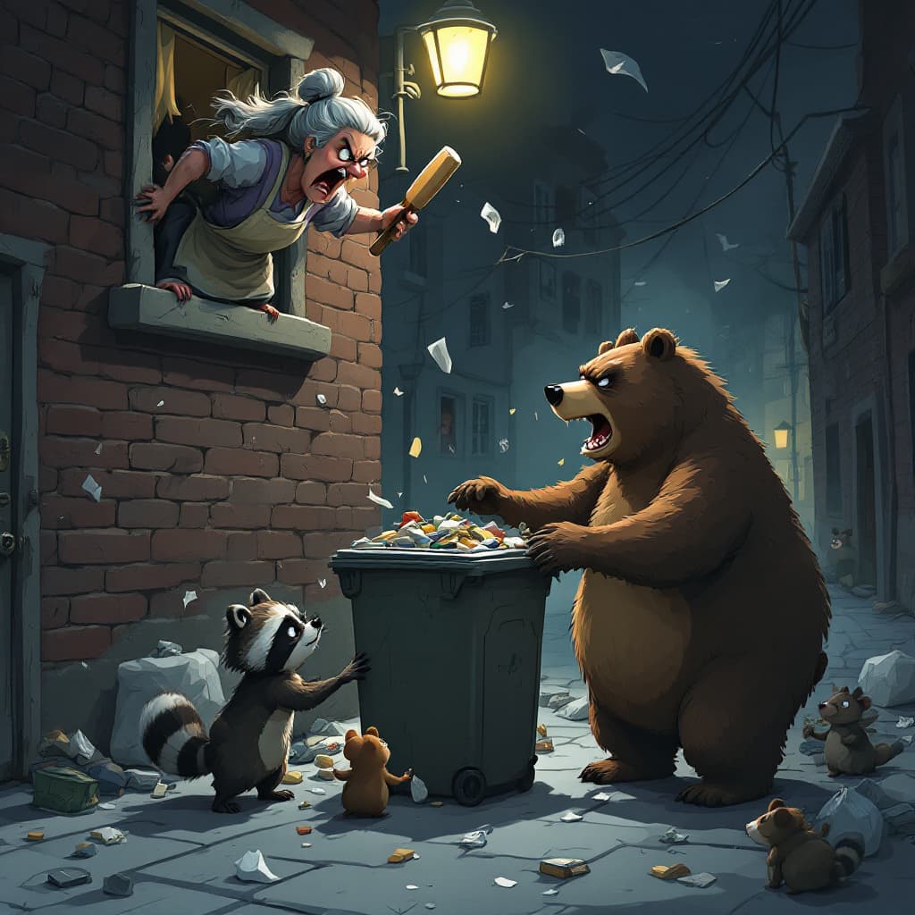 AI generated: A humorous and chaotic nighttime alley scene with an overflowing garbage corner. A determined raccoo...