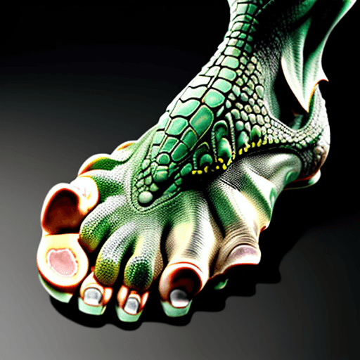 AI generated: a human foot similar to a dinosaur's foot with reptile claws instead of human nails. Place respitili...