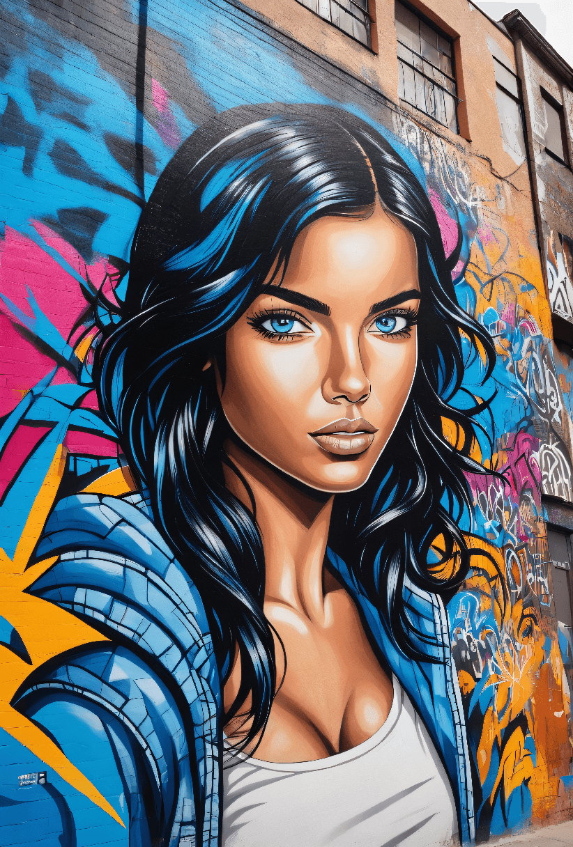 AI generated: graffiti style young women blue eyes black hair highly detailed  . street art, vibrant, urban, detai...