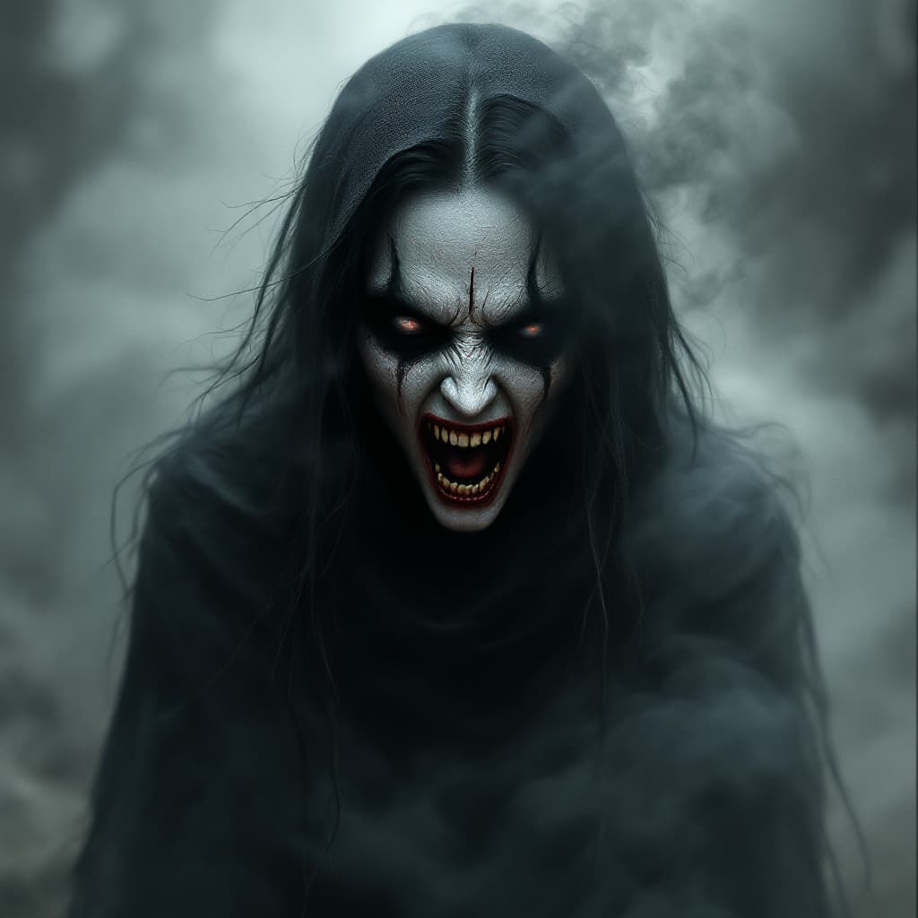 AI generated: scary evil ghost woman made of smoke and mist, panic, living nightmare, digital art, HD, high-qualit...