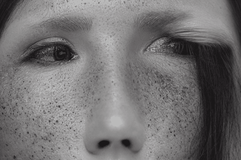 AI generated: A close-up of a woman's face with natural lighting. Her skin has a slight texture and imperfections ...