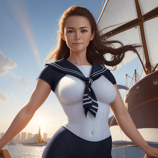 AI generated: Modern digital portrait of a sailor woman  in a tight-fitting work outfit, with a slight smile, intr...