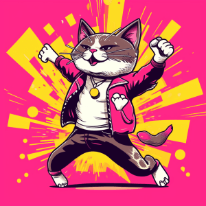 AI generated: Vector illustration of a cat, attending a music festival, dancing wildly, HD, by Alex Hirsch, Wheatp...
