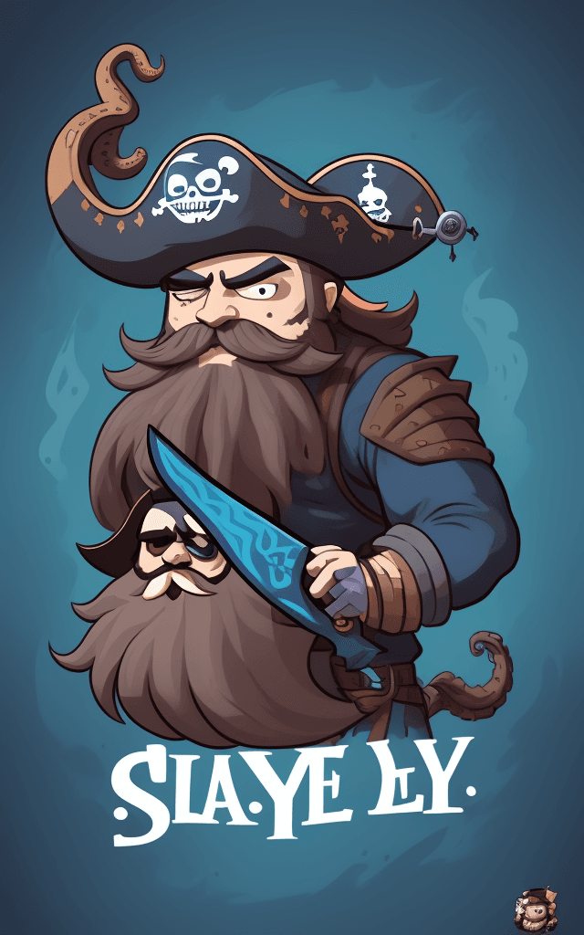 AI generated: Generate a pirate octopus with a funny beard, blue sword and cowboy head in the style of the 'Here t...