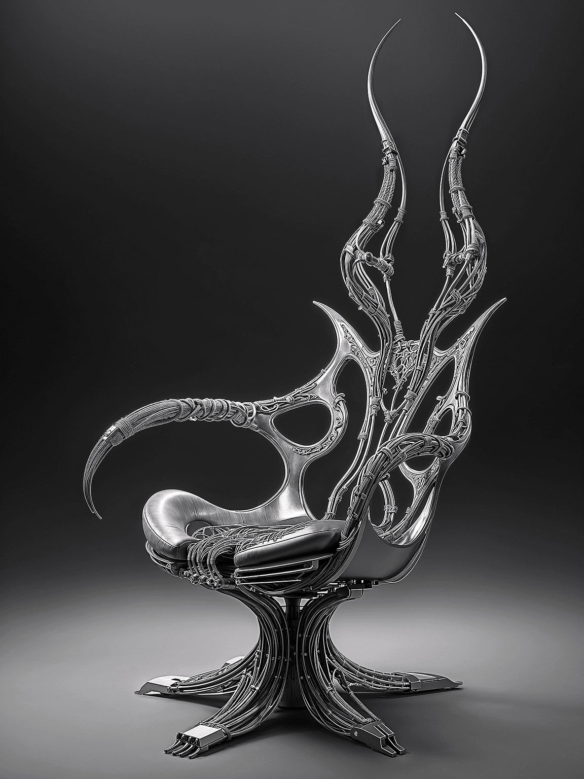 AI generated: dreamscape huge HR Giger style chair, concept furniture, painting on grey, hyper realistic, illustra...