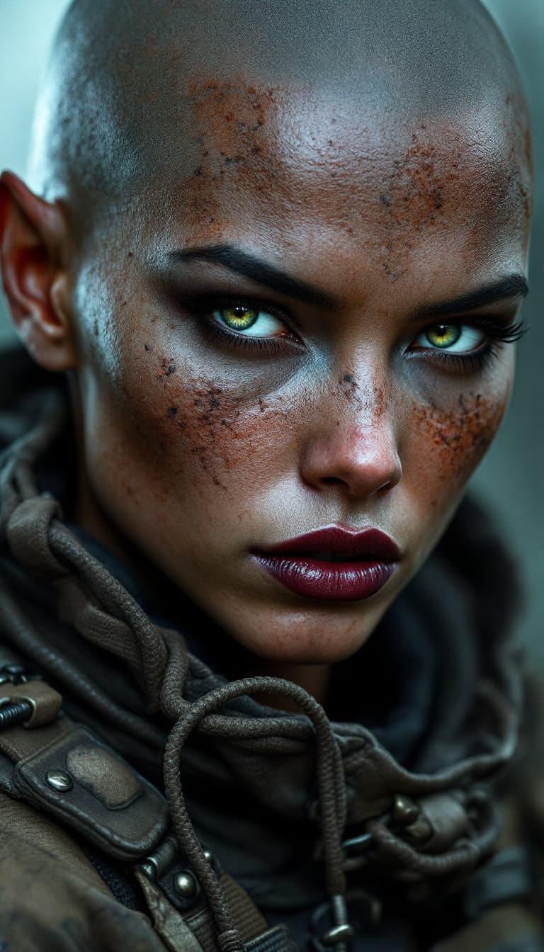 AI generated: A beautiful, bald woman with skin made entirely of rough granite texture, piercing gaze, lizard-like...