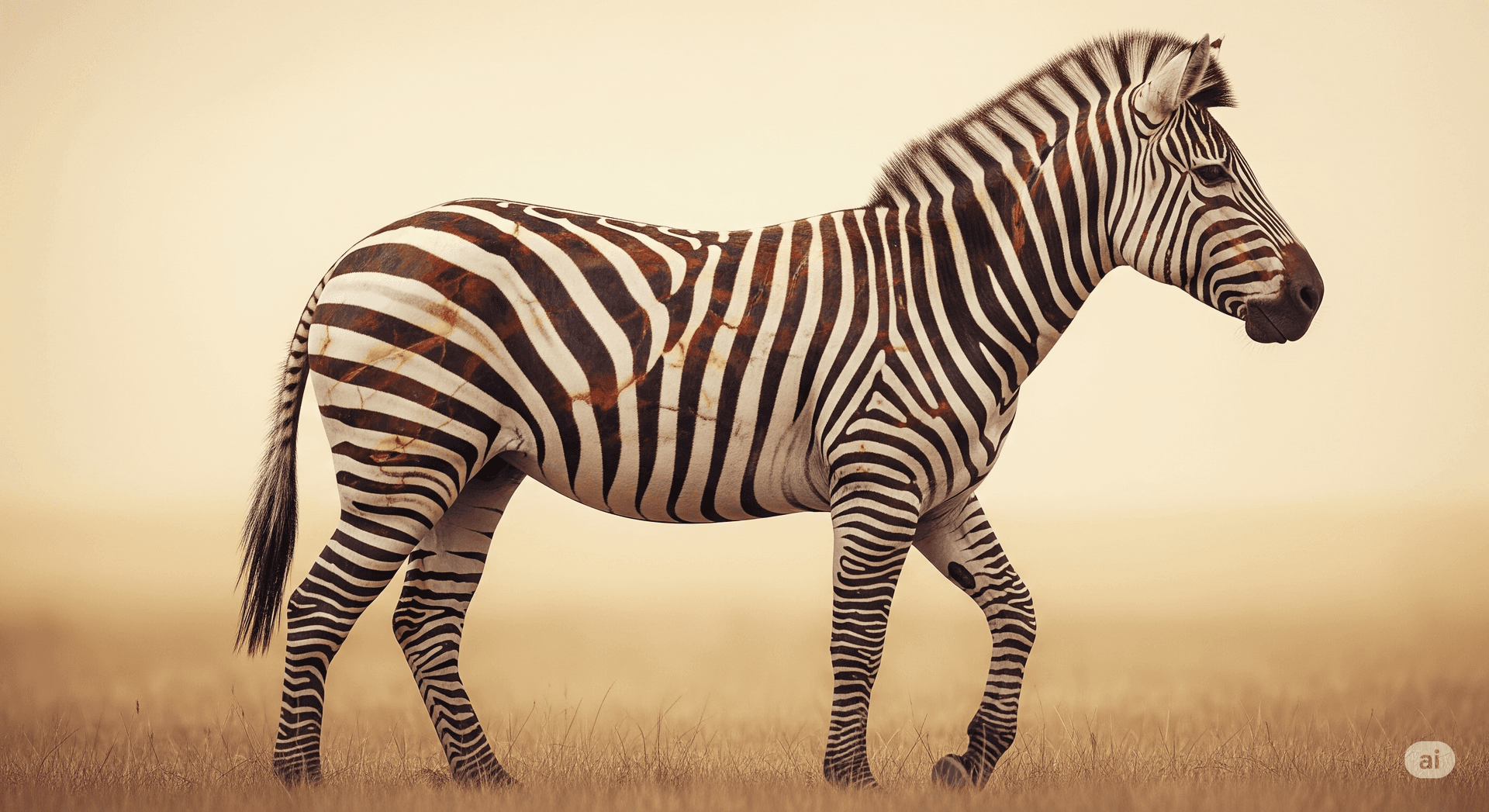AI generated: full view of a zebra with liquid marble applied, showing its flowing, dynamic, solid and liquid, tan...