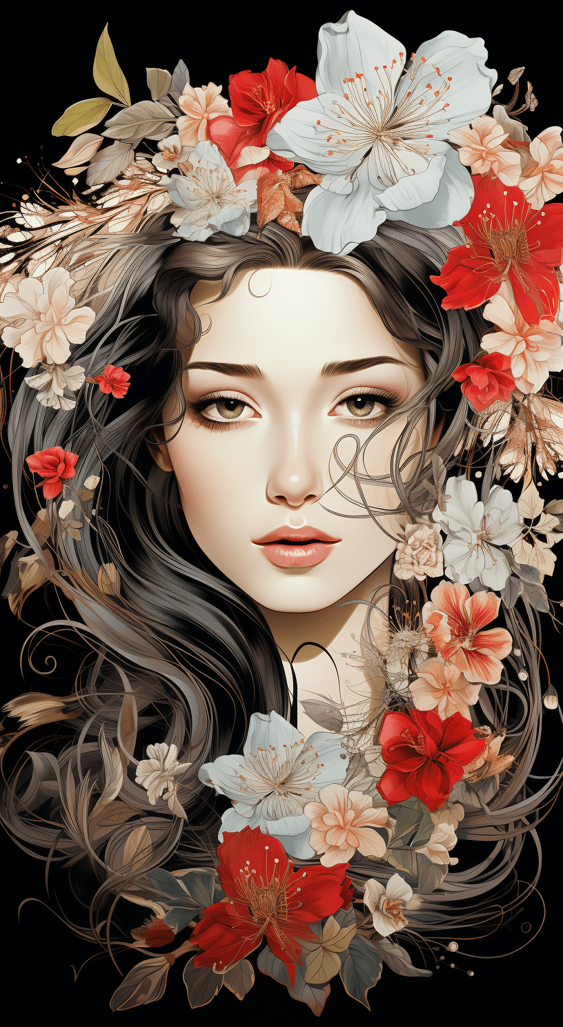 AI generated: an illustration of a woman's face with flowers on her head, in the style of elegant inking technique...