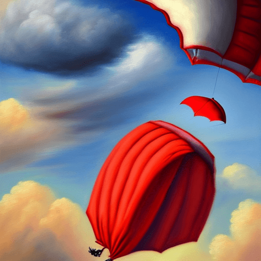 AI generated: Elephant attached to a red parachute falling through sunny clouds.
Style: oil painting